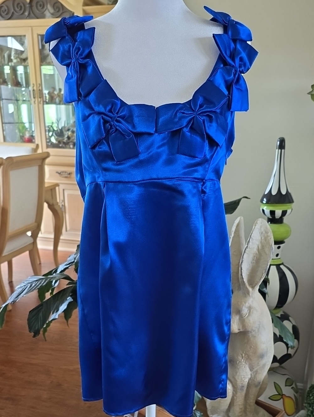 Blue Satin Sleeveless Bow-Accent Women’s Dress